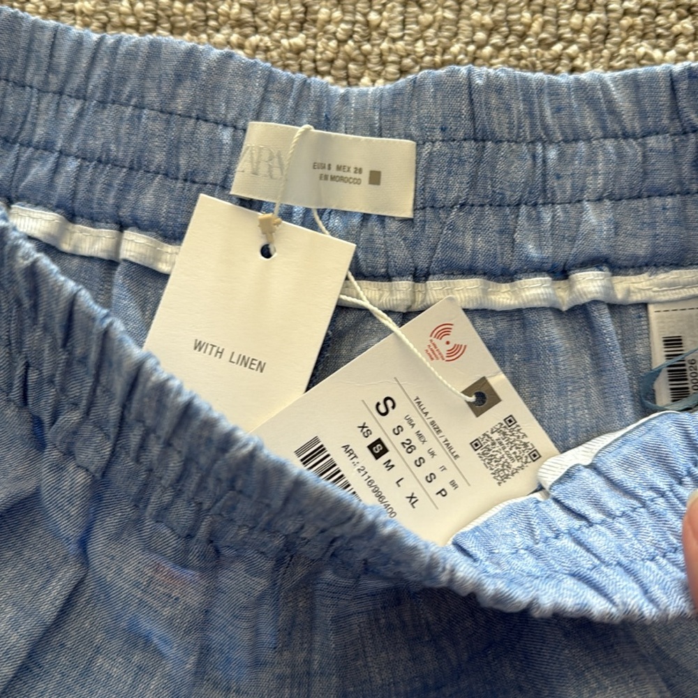 New Zara Blue Linen Top Jacket Wide Leg Pants Set S - Picture 8 of 10